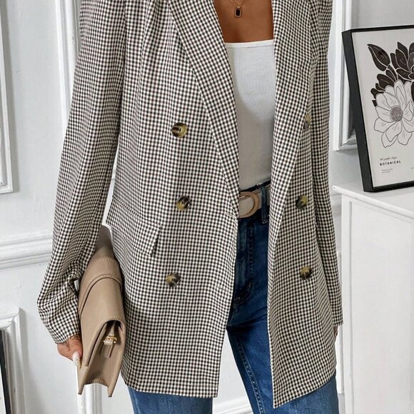 Coffee Brown Casual Women's Turndown Collar Long Sleeve & Versatile Plaid Blazer - Picture 4 of 6